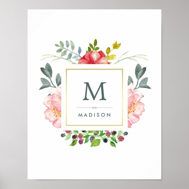Watercolor Peony Flowers with Gold and Monogram Poster (Front)