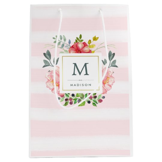 Watercolor Peony Flowers With Monogram And Stripes Medium Gift Bag Watercolor Peony Flowers With Monogram And Stripes Medium Gift Bag