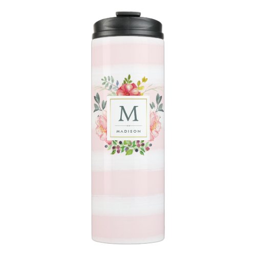 Watercolor Peony Flowers with Monogram and Stripes Thermal Tumbler