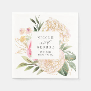 Watercolor peony gold typography monogram wedding napkins