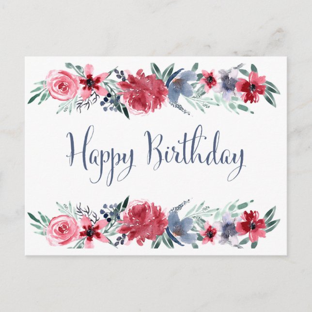 Watercolor Peony Happy Birthday Postcard (Front)
