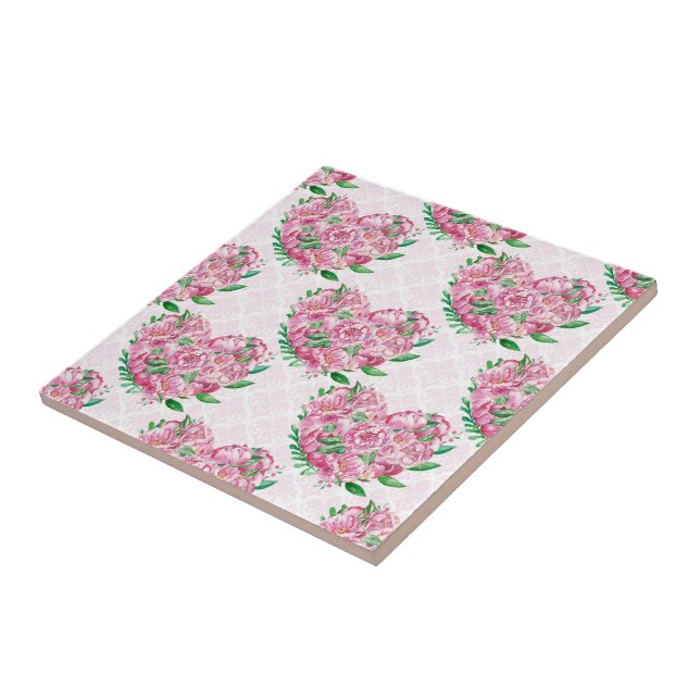 watercolor peony heart ceramic tile (Side)