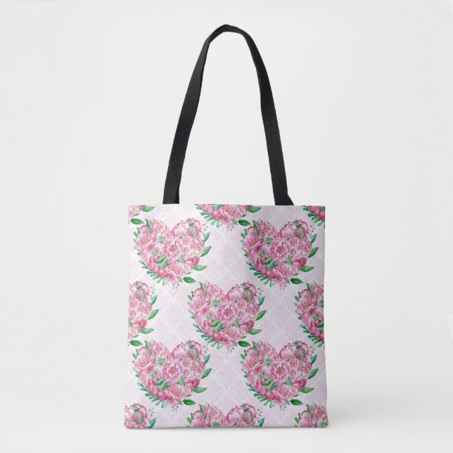 watercolor peony heart tote bag (Front)