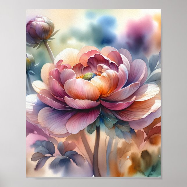 Watercolor Peony in Full Bloom Poster (Front)