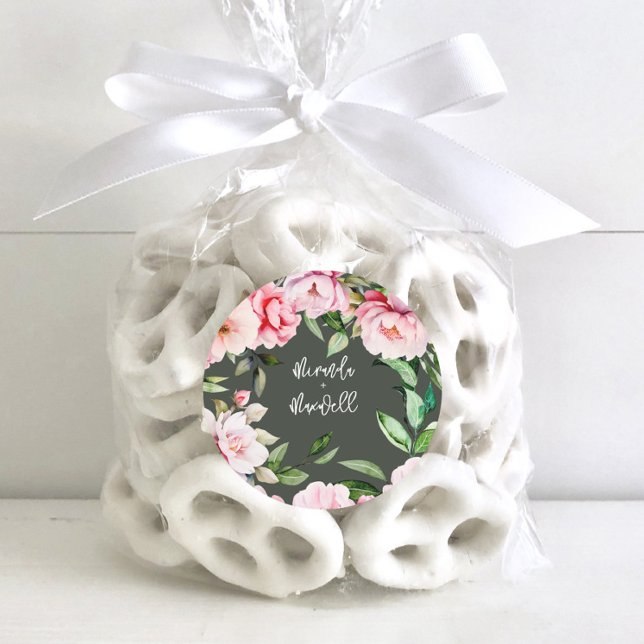 Watercolor Peony Magnolia Dark Wedding  Classic Round Sticker (Creator Uploaded)