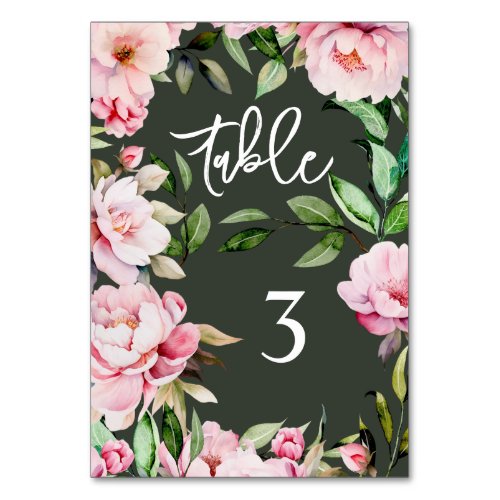 Watercolor Peony Magnolia Floral Green Wedding Table Number