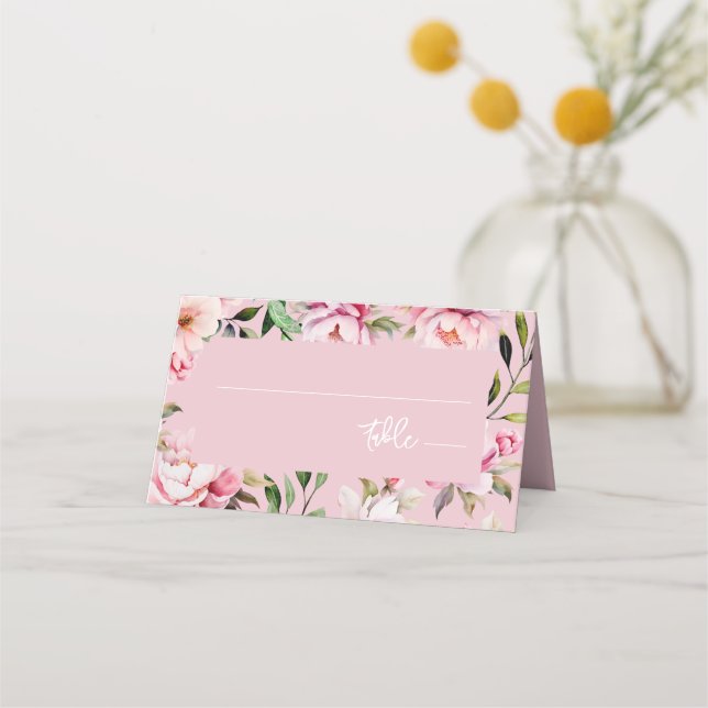 Watercolor Peony Magnolia Floral Pink Wedding Place Card (Front)