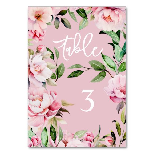 Watercolor Peony Magnolia Floral Pink Wedding Table Number