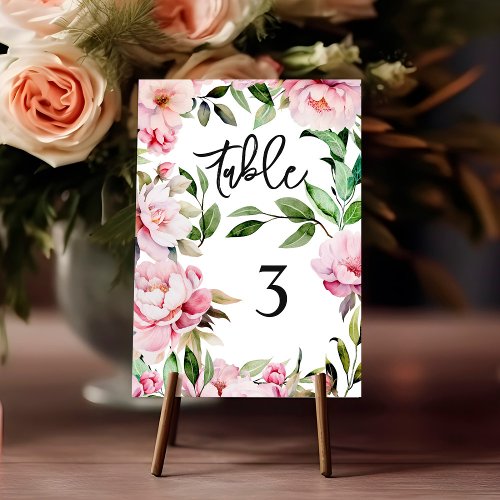 Watercolor Peony Magnolia Pink Floral Wedding Table Number