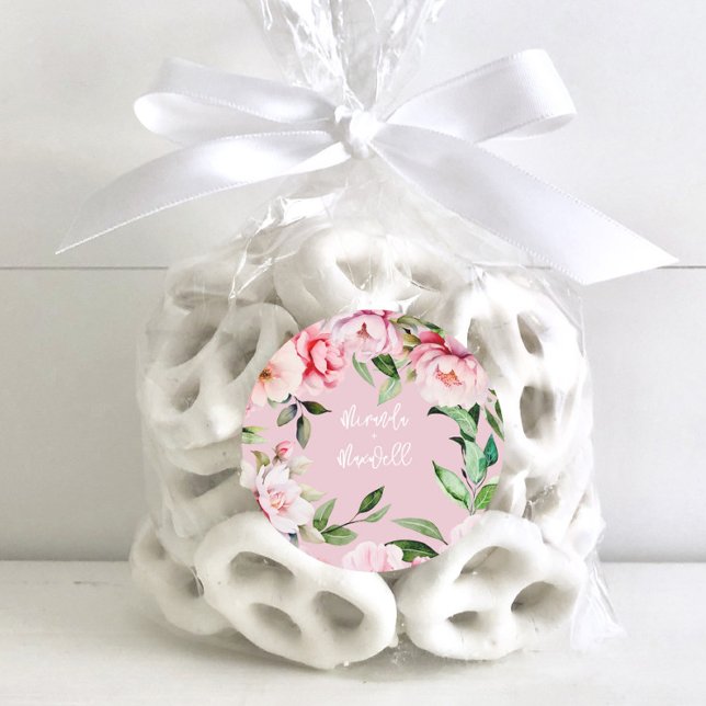 Watercolor Peony Magnolia Pink Wedding  Classic Round Sticker (Creator Uploaded)