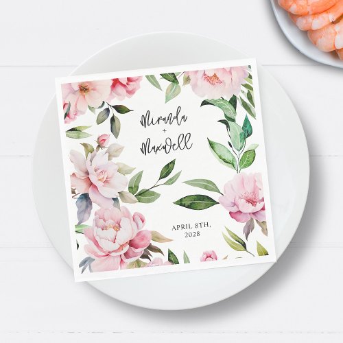 Watercolor Peony Magnolia Pink Wedding  Napkins