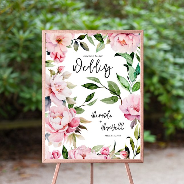 Watercolor Peony Magnolia Pink Wedding Welcome Foam Board (Creator Uploaded)