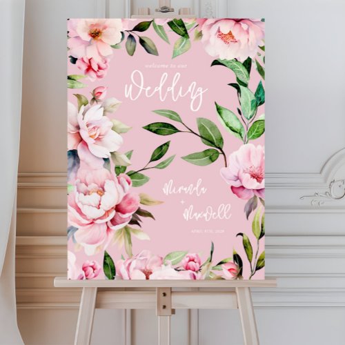 Watercolor Peony Magnolia Wedding Welcome Pink Foam Board