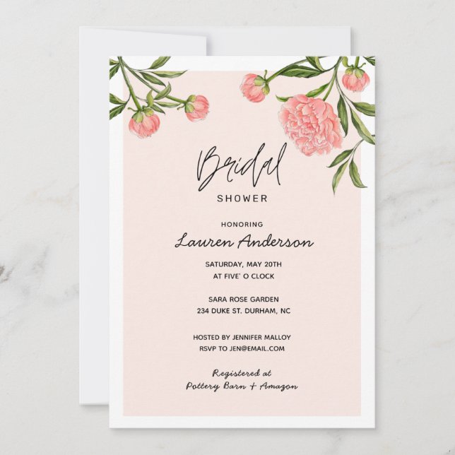 Watercolor Peony Modern Pink Bridal shower   Invitation (Front)