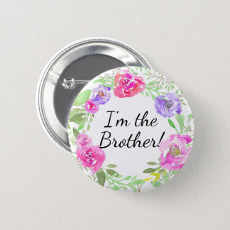 Watercolor Peony New Baby Shower Brother Name Tag Button