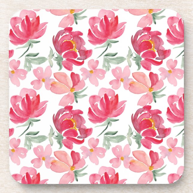 Watercolor Peony Pattern Beverage Coaster (Front)