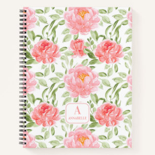 Watercolor Peony Pattern Floral Monogram Notebook