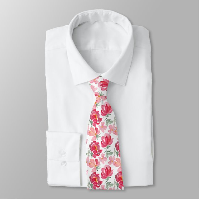 Watercolor Peony Pattern Neck Tie (Tied)