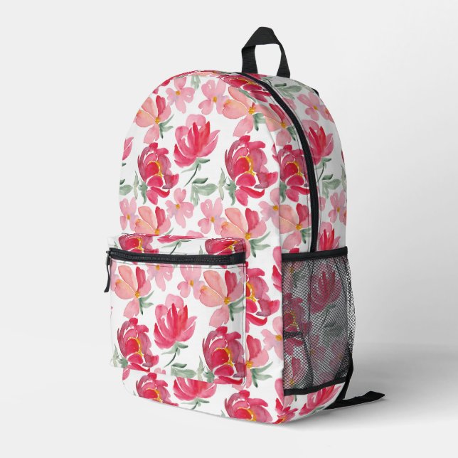Watercolor Peony Pattern Printed Backpack (Back Corner Right)