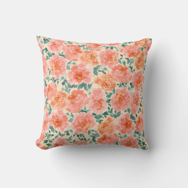 Watercolor Peony Peach Pink Green Throw Pillow (Front)