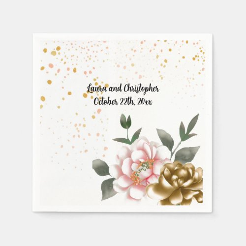 Watercolor Peony Pink and Bronze Paper Napkins