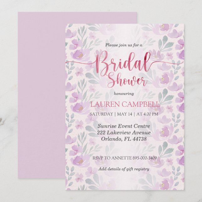 Watercolor Peony Pink and Purple Invitation (Front/Back)