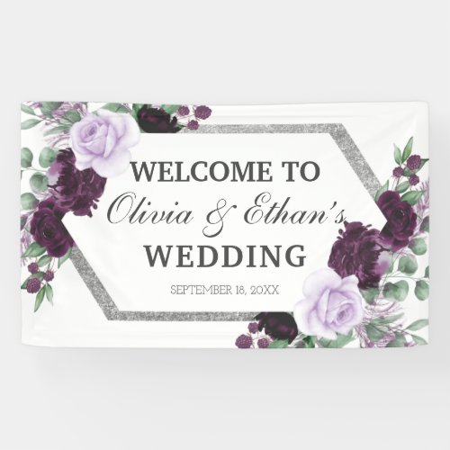 Watercolor Peony Purple Gray Silver Fall Wedding  Banner