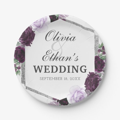 Watercolor Peony Purple Gray Silver Fall Wedding Paper Plates