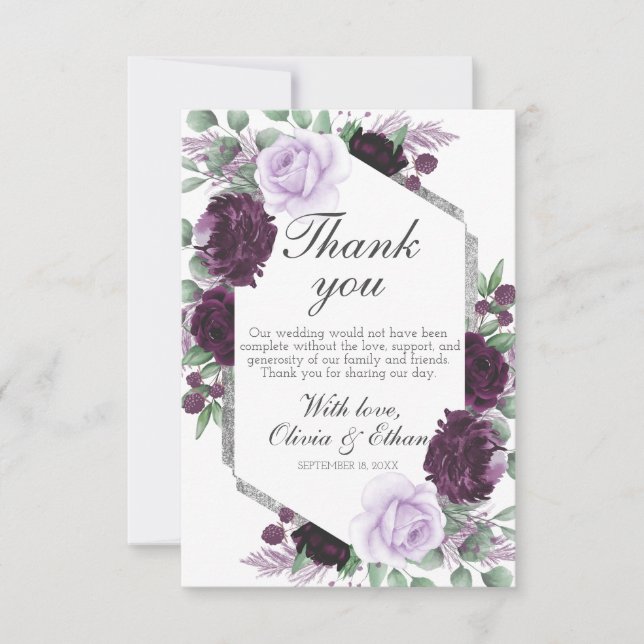 Watercolor Peony Purple Gray Silver Fall Wedding Thank You Card (Front)