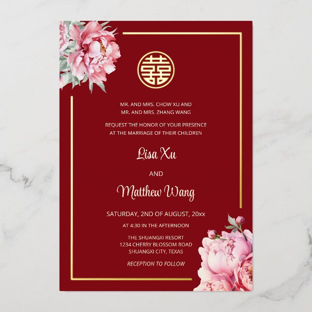 Watercolor Peony Red Gold Chinese Wedding Foil Invitation (Front)