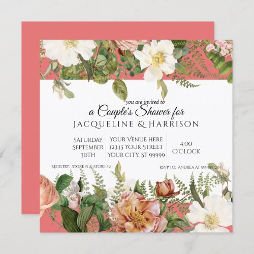 Watercolor Peony Rose Flowers Coral White Shower Invitation