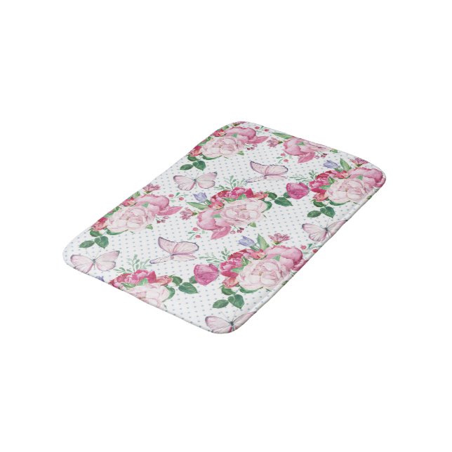 watercolor peony,watercolor butterfly bath mat (Angled)