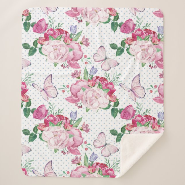 watercolor peony,watercolor butterfly sherpa blanket (Front)