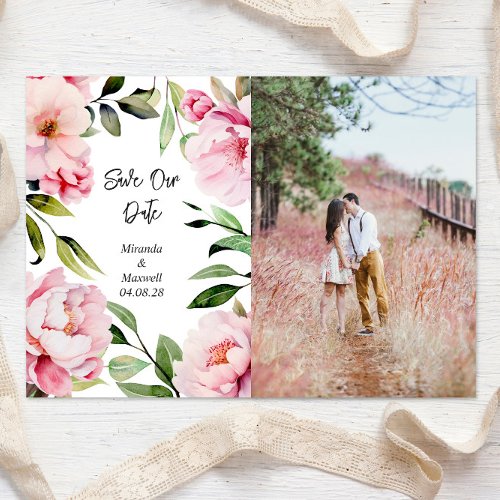 Watercolor Peony Wedding Photo Save The Date