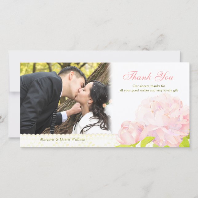 Watercolor Peony Wedding Photo Thank You Card (Front)