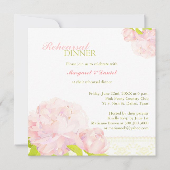 Watercolor Peony Wedding Rehearsal Dinner Invitation (Front)