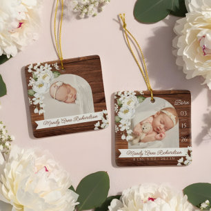 Watercolor Peony Woodgrain Baby Birth Stats Photo Ceramic Ornament