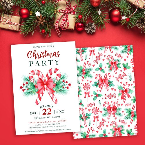Watercolor Peppermint Candy Cane Christmas Party Invitation