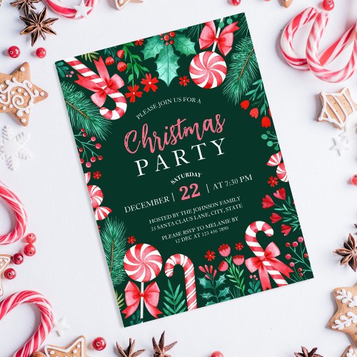 Watercolor Peppermint Candy Canes Christmas Party Invitation