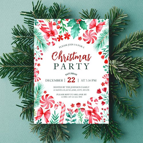 Watercolor Peppermint Candy Canes Christmas Party Invitation