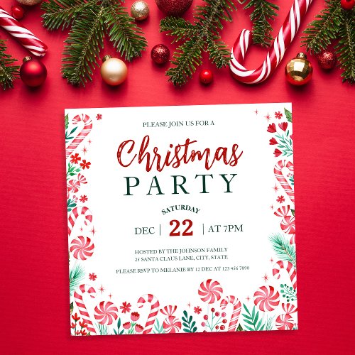Watercolor Peppermint Candy Canes Christmas Party  Invitation