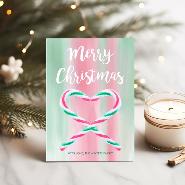 Watercolor Peppermint Heart Candy Cane Christmas Holiday Card (Creator Uploaded)