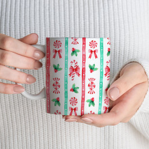 Watercolor Peppermint Stripes and Candy Canes Two-Tone Coffee Mug