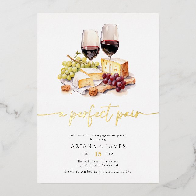 Watercolor Perfect Pair Wine Cheese Engagement Foil Invitation (Front)