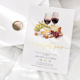Watercolor Perfect Pair Wine Cheese Engagement Foil Invitation