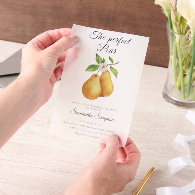 Watercolor Perfect Pear Floral Bridal Shower Vellum Invitations (Handheld)