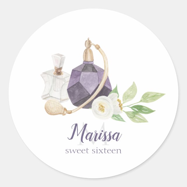 Watercolor Perfume Bottle Quinceanera Birthday Classic Round Sticker (Front)