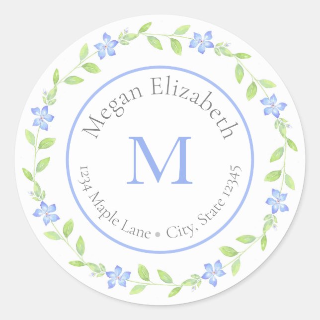  Watercolor Periwinkle (Vinca flower) Wreath label (Front)