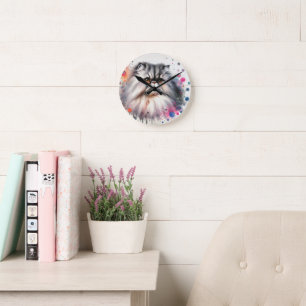 Watercolor Persian Cat Colorful Portrait Round Clock
