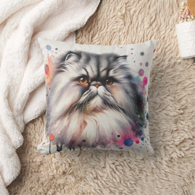 Watercolor Persian Cat Colorful Portrait Throw Pillow (Blanket)